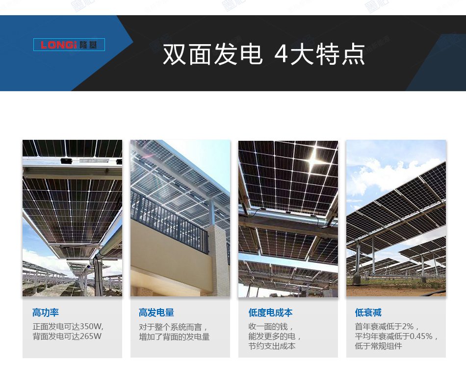 隆基乐叶350W瓦-单晶硅--双面发电-太阳能电池板-光伏组件-家用并网发电系统价格